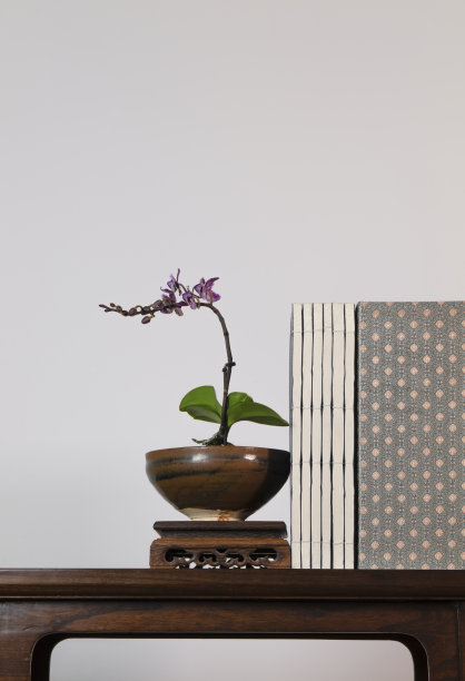 紫兰花，中国古色古香的陶瓷和传统风格的书，木桌靠白墙图片下载