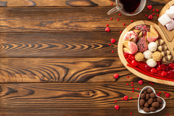 情人节的概念。顶视图照片的木制心形托盘糖果饼干盘和玻璃杯的饮料在木制桌子背景与复制空间图片下载