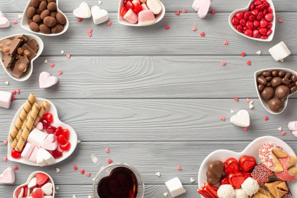情人节的概念。俯视图照片的心形碟子与巧克力果冻糖果，饼干的杯子，饮料和纸屑在灰色的木制桌子背景与中间的空白图片下载