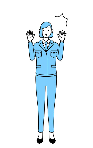 简单的线条插图，一个穿着工作服的女人惊讶地举手。图片下载