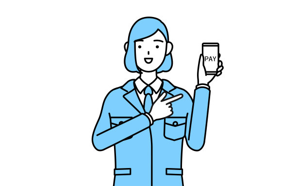 简单的线条插画，一个穿着工作服的女人在智能手机上推荐无现金在线支付。图片下载