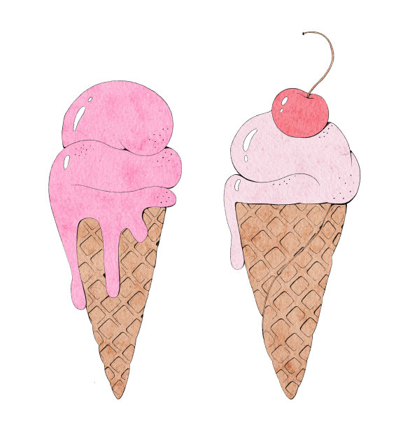 手绘集两个冰淇淋，水彩插图素描风格，孤立在白色背景上图片下载