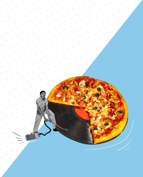美食波普艺术摄影。当代艺术拼贴。小男孩在复古黑胶唱片上清洗披萨。创意设计图片下载