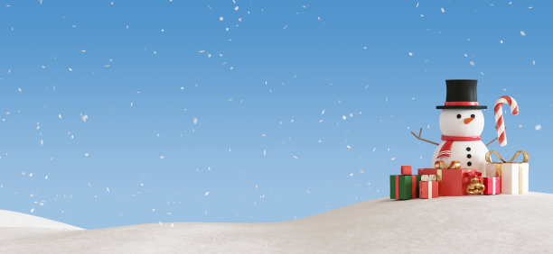 三维渲染几何形式，雪人和礼盒在雪山场景，极简主义基座或展示现场的产品和模拟。广告的抽象背景图片下载