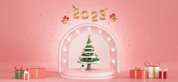 背景图片为圣诞节和新年的庆祝活动。装饰过的圣诞树和一个雪人被安置在一个基座上。背景是一个粉红色的场景。， 3D渲染图片下载