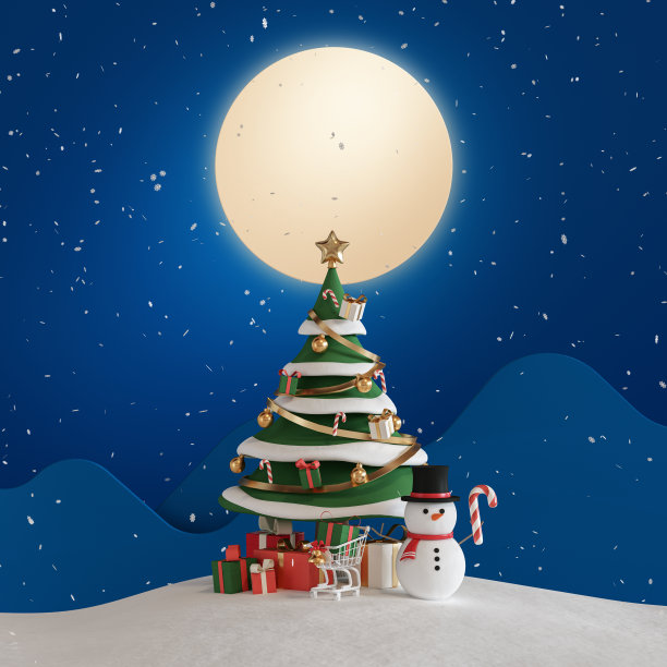 3d渲染，雪人和礼盒在雪山和月亮场景，极简的基座或展示现场的产品和模型。广告的抽象背景图片下载