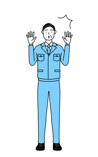 管理人员，经理们，工厂经理，一个穿着工作服的男人惊讶地举起了手。图片下载