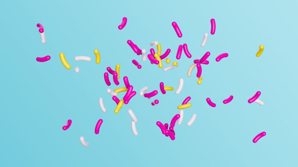 糖点掉落装饰的3D渲染蛋糕和面包店图片下载