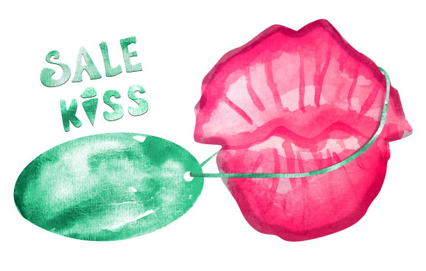 亲吻销售，粉红色的大嘴唇与标签水彩插图图片下载