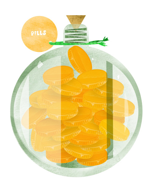 金币药在圆玻璃瓶水彩插图图片下载