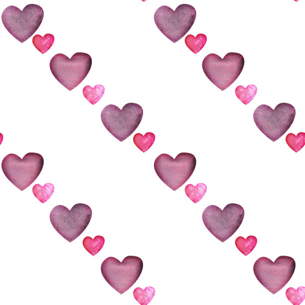 水彩手绘无缝图案的红色和紫色的心为情人节。孤立的白色背景。设计纸张，爱情，贺卡，纺织，印刷，墙纸，婚礼图片下载