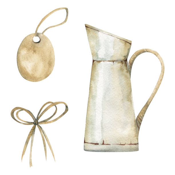 水彩手绘的一套对象，工艺纸标签，绳弓和古着壶，自然的颜色。孤立的白色背景。设计纸张，爱情，贺卡，纺织，印刷，墙纸，婚礼图片下载