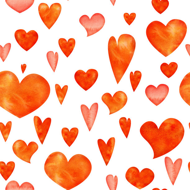 水彩手绘无缝图案的红色和橙色的心为情人节。孤立的白色背景。设计纸张，爱情，贺卡，纺织，印刷，墙纸，婚礼图片下载
