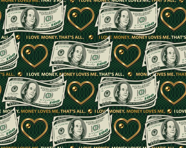 图案是100美元纸币，金色心形图片下载