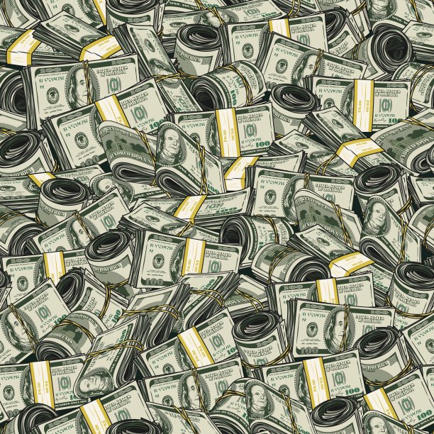 钱的无缝模式与美元团，卷，堆叠。100美元纸币。这可是一大笔钱。图片下载