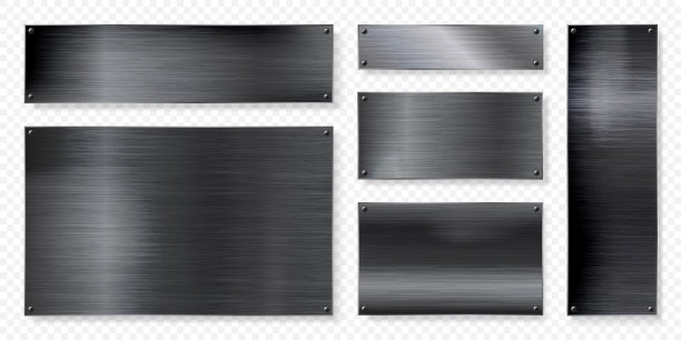 逼真的黑色金属横幅集合。拉丝钢板或铝板，带螺丝的面板。抛光金属表面。带有划痕的旧垃圾风格纹理。矢量图图片下载