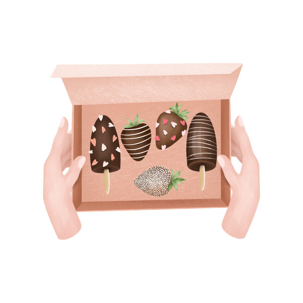 插图手拿盒子的草莓在巧克力和巧克力冰棒，手绘水彩插图在白色背景图片下载
