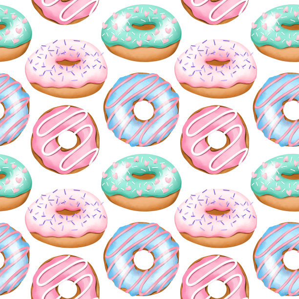 无缝图案的彩色圆粉色，蓝色和蒙特釉面甜甜圈，手绘水彩插图在白色背景图片下载