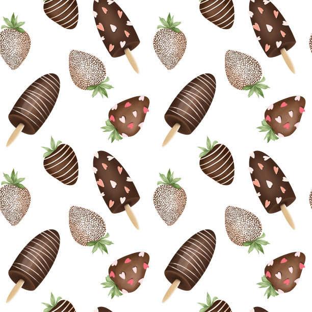 无缝模式的草莓在巧克力和巧克力冰棒，插图在白色背景图片下载