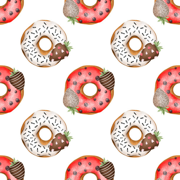 无缝的彩色圆形白色和红色釉面甜甜圈与巧克力草莓，手绘水彩插图在白色背景图片下载