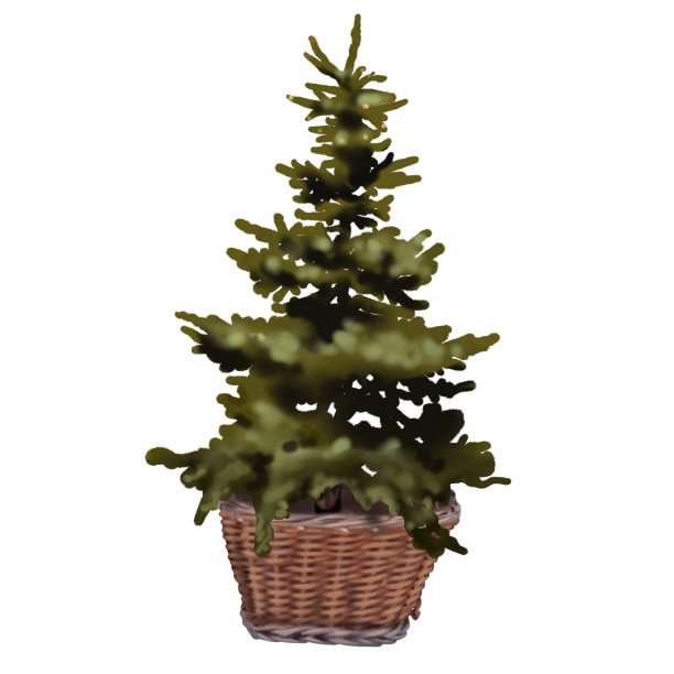 柳条篮子里的水彩圣诞树。逼真的圣诞插画图片下载