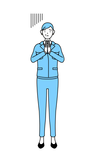 管理人员，经理们，工厂经理，一个穿着工作服的高级妇女把手放在身体前面道歉。图片下载