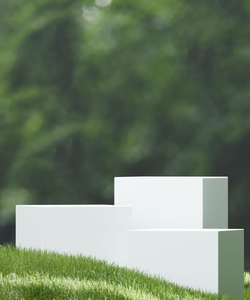 以绿色植物为背景的极简产品展示平台的3D渲染图片下载