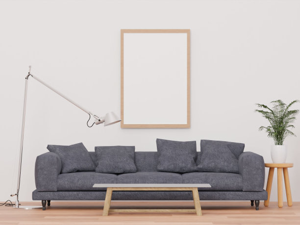 3D渲染的客厅和白色的墙，黑色的沙发和一个模型框架图片下载