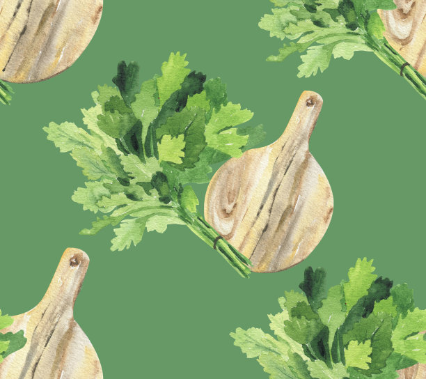 拳。无缝模式与新鲜的一束绿色调味料和木制砧板。明亮的背景为厨房，墙纸和纺织品。多汁蔬菜的水彩画。图片下载