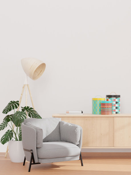 客厅的3D效果图，有白色墙壁、灰色沙发和木质餐具柜图片下载