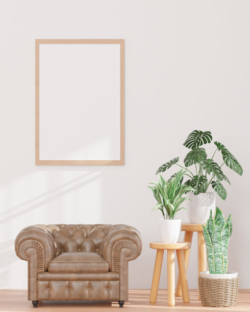 3D渲染的客厅，米色的墙壁和扶手椅，旁边有花盆图片下载