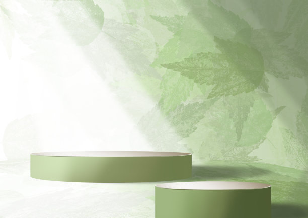 两个产品展示平台。绿色的树叶。自然背景。三维渲染图片下载