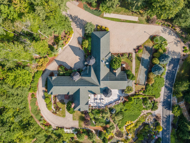 由常青树环绕的舒适豪宅的鸟瞰图图片下载