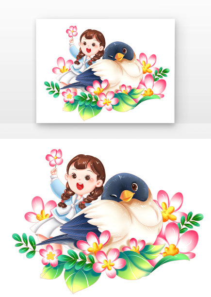 立春少女燕子桃花可爱卡通春季节令节气场景图片下载