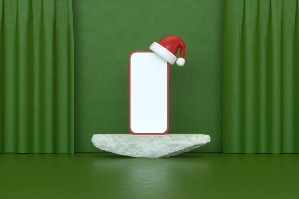 黑屏手机与圣诞老人帽子在岩石讲台上新年圣诞绿色背景图片下载