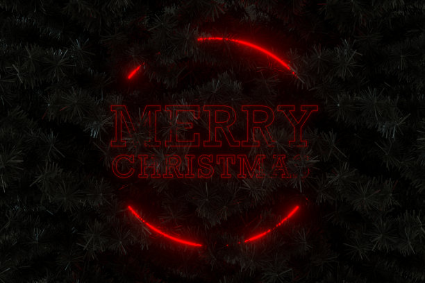 圣诞快乐红色霓虹灯圣诞装饰在黑色圣诞树上图片下载