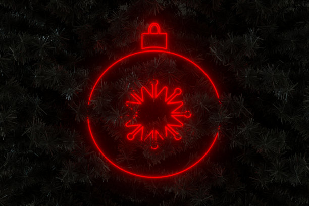 红色霓虹灯圣诞装饰在黑色圣诞树新年背景图片下载