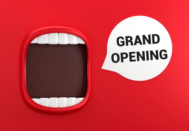 红色的嘴和演讲气泡与盛大的开幕信息图片下载