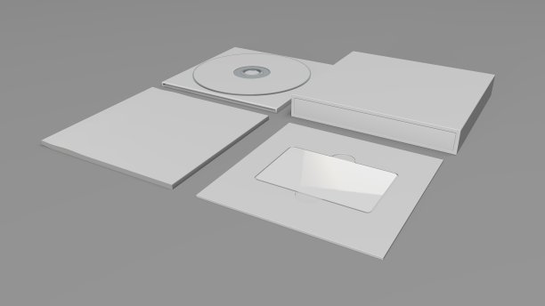 音乐专辑模型集。套盒内容小册子cd, cd封面。一套白色的模型在灰色的背景。音乐卡。3D渲染音乐专辑集。图片下载