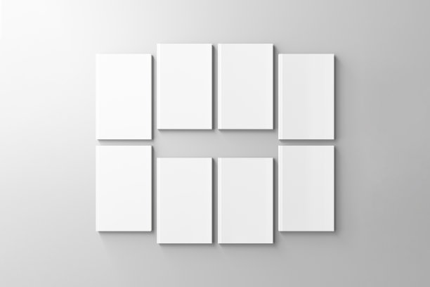 现实的3d书模型插图与8软封面。书模型站在孤立的灰色背景与阴影。孤立的灰色背景。8个白色封面书的模型图片下载