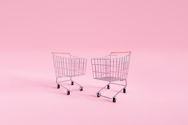 空的购物车在粉色孤立的背景，3d渲染。钢铁超市轮篮模型设计，3d插图图片下载