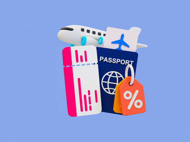 3d最小度假旅行概念。打折机票的概念。假期的放松时间。有护照和折扣标签的机票。3 d演示。图片下载