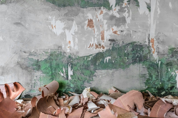 大块的粉红色旧墙纸躺在地板上，旁边是一堵绿色的旧墙，上面有白色和灰色的灰泥图片下载