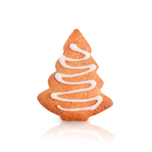 单块自制香料姜饼饼干，白色背景上孤立的火树形状，为新年假期烘焙图片下载