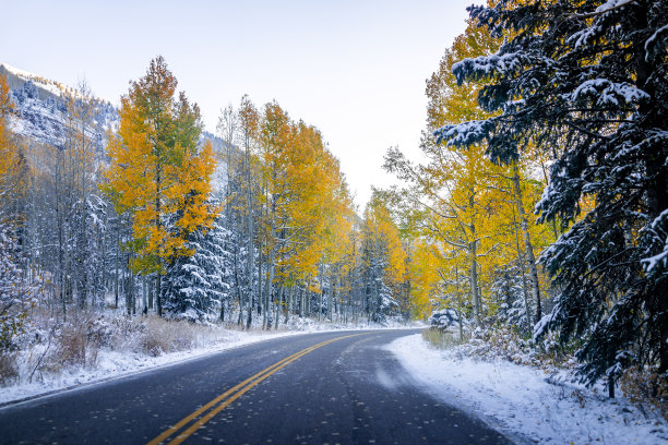 科罗拉多州阿斯彭栗色铃铛溪空路在落基山脉十月深秋秋叶季节树木森林覆盖在雪和黄色的叶子图片下载