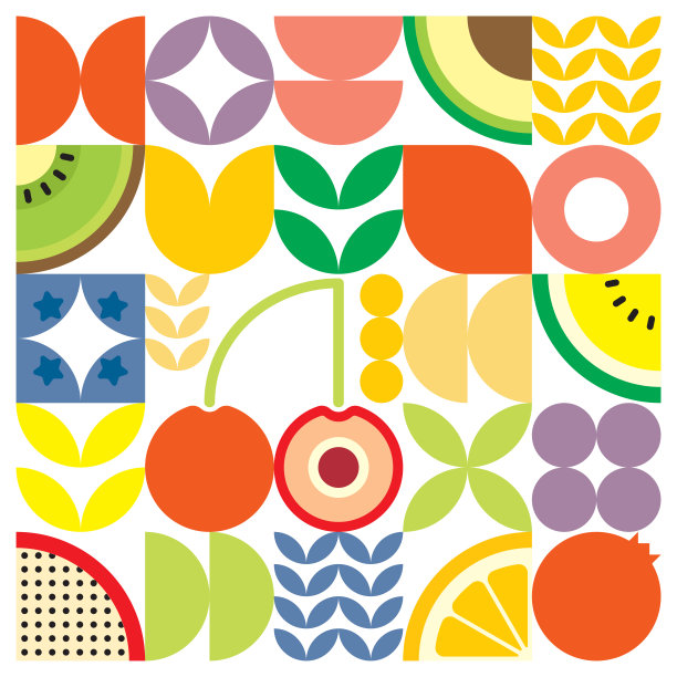 几何夏天新鲜水果切艺术海报与色彩斑斓的简单形状。斯堪的纳维亚风格的平面抽象矢量图案设计。白色背景上的红色樱桃的极简主义插画。图片下载