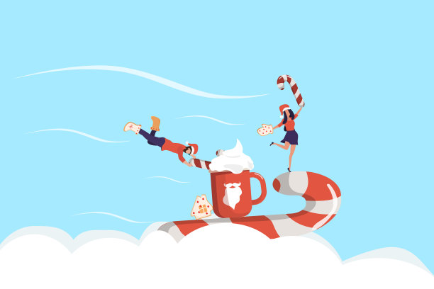 圣诞快乐，冬天场景配一大杯可可。年轻漂亮的人们玩得开心，庆祝新年和圣诞节。小人物在度假。图片下载