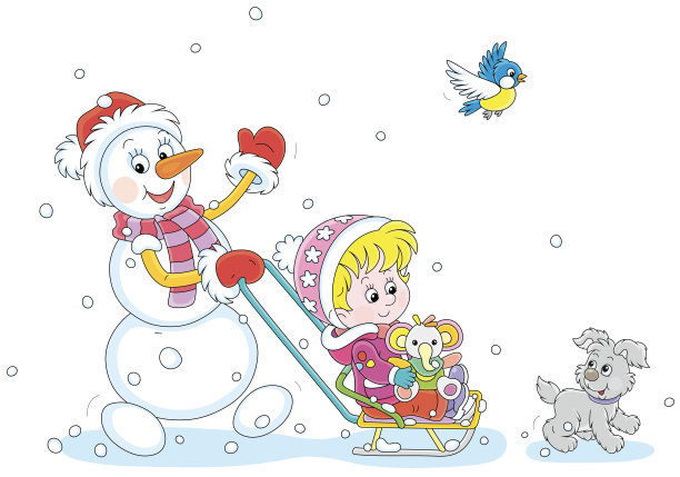 有趣的雪人拉着一个快乐的小女孩图片下载