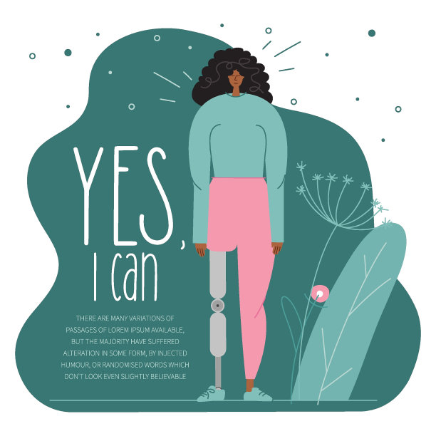 矢量插图残疾黑人妇女有仿生腿，脚或假肢。半机械人、残疾人和“是的，我能”。图片下载