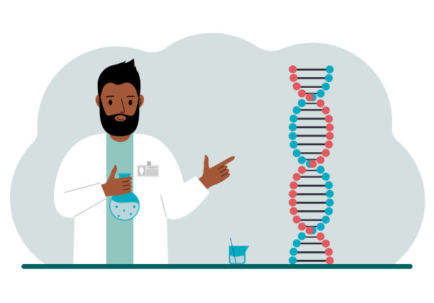 男医生，dna链附近有烧瓶。新冠病毒、病毒、pcr或疾病治疗的概念。图片下载